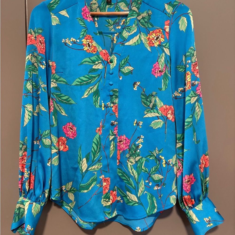 Express Vibrant Floral Blouse in Blue and Pink